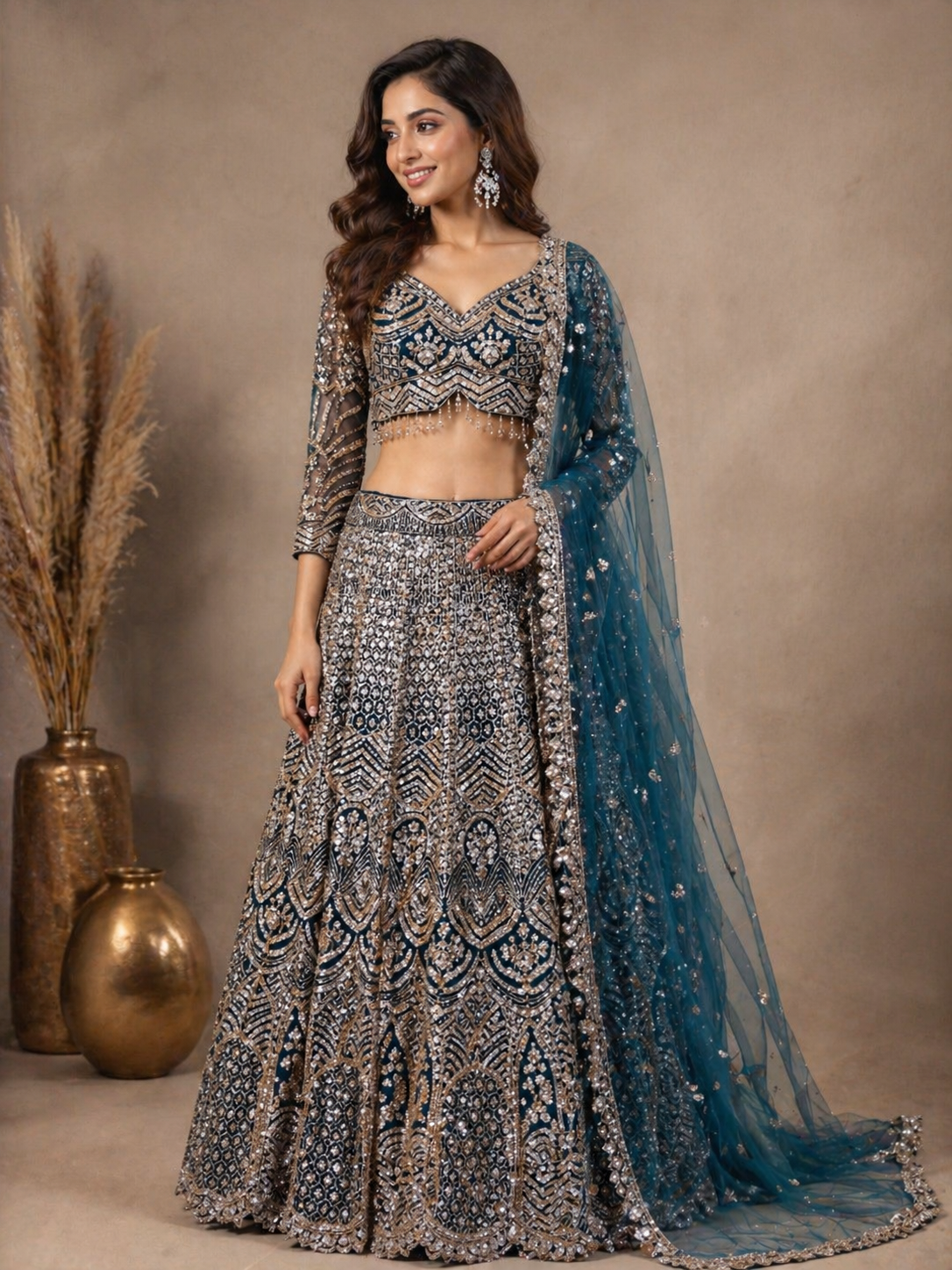 Embroidered Bridal Lehenga Set with Net Dupatta